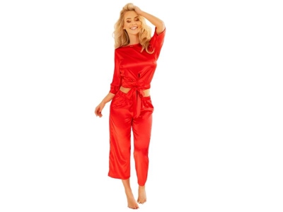 Komplet satynowy piżama długie spodnie z koszulką kolor ecru czerwony czarny bordo